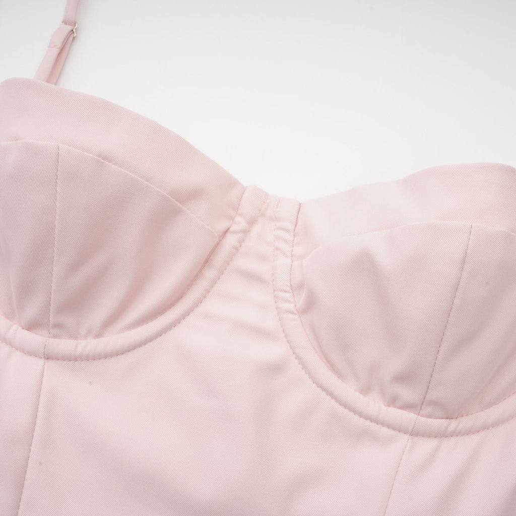 Soleil Pembe Pilili Korse Midi Elbise
