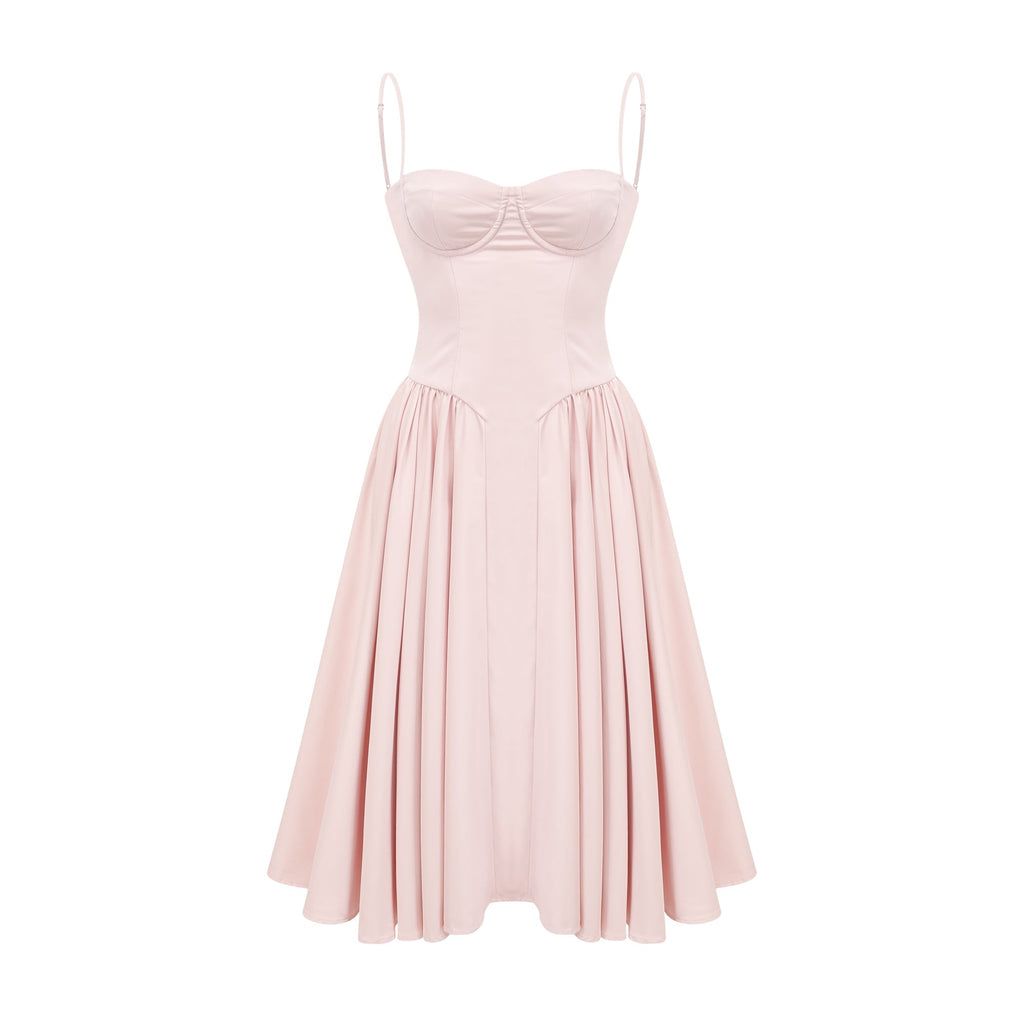 Soleil Pembe Pilili Korse Midi Elbise