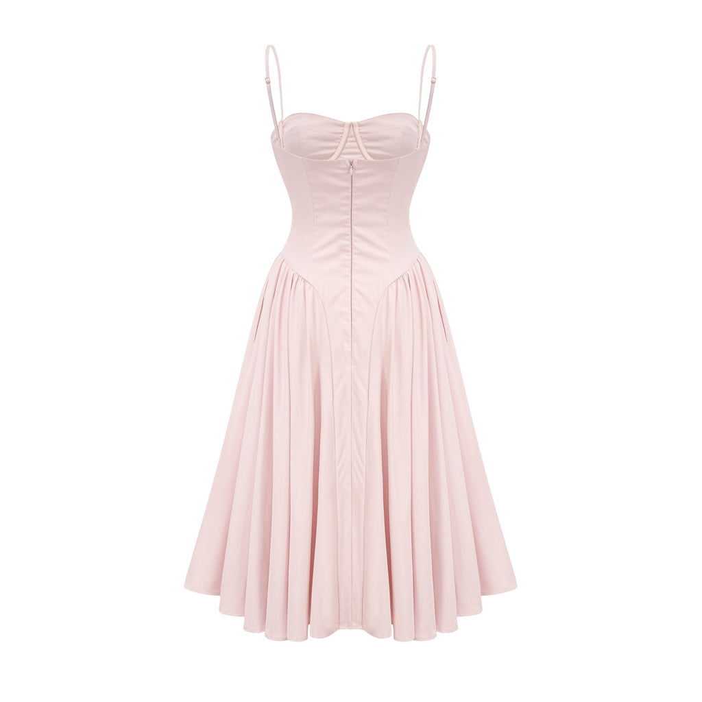 Soleil Pembe Pilili Korse Midi Elbise