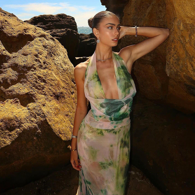 Amélie Sırtı Açık Halter Maxi Elbise