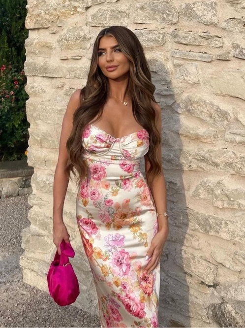 Pembe Yüksek Bel Çiçek Desenli Maxi Elbise