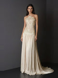 - Şampanya Dantel Halter Maxi Elbise