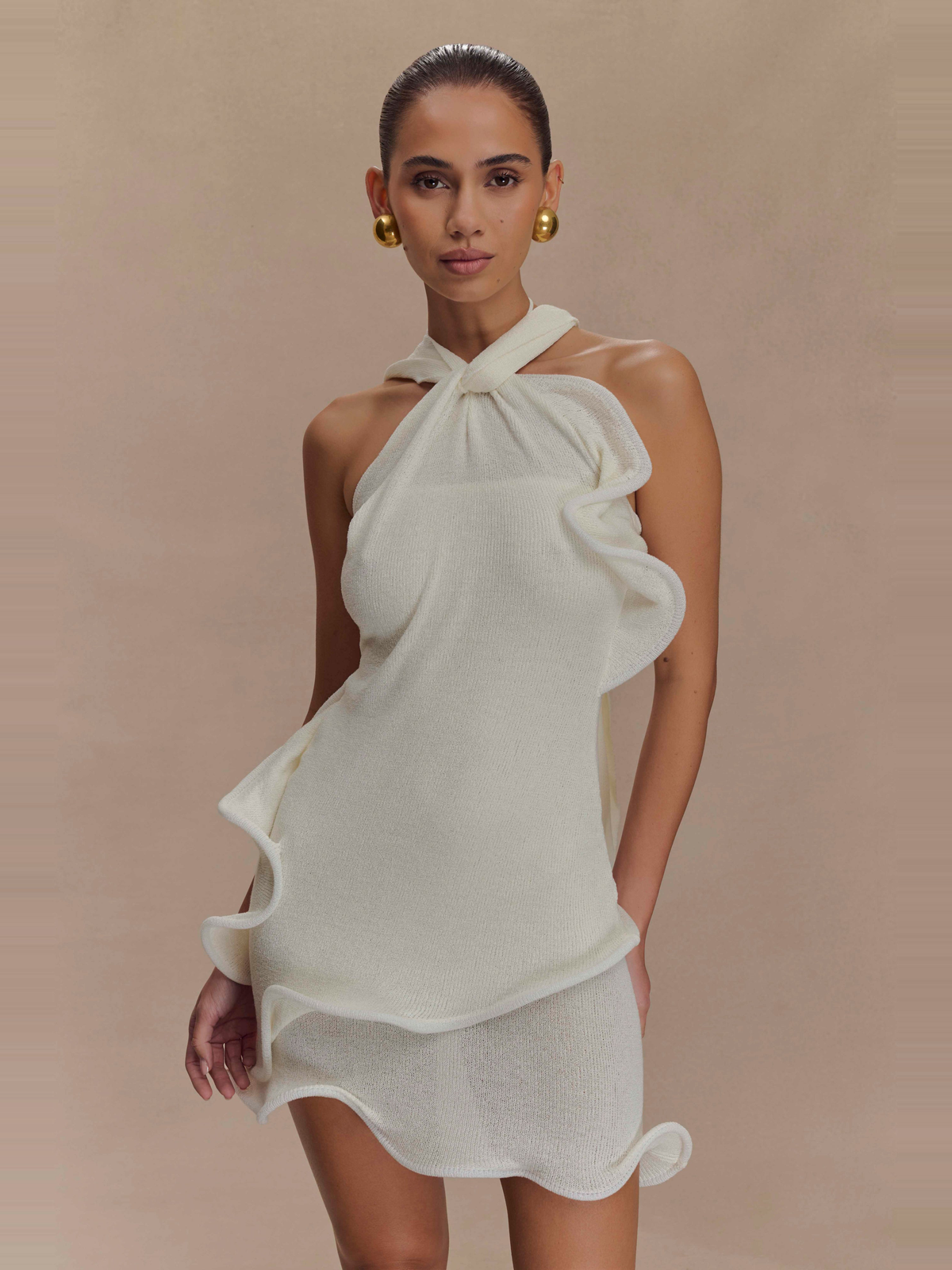 Beyaz Halter Yaka Triko Mini Elbise