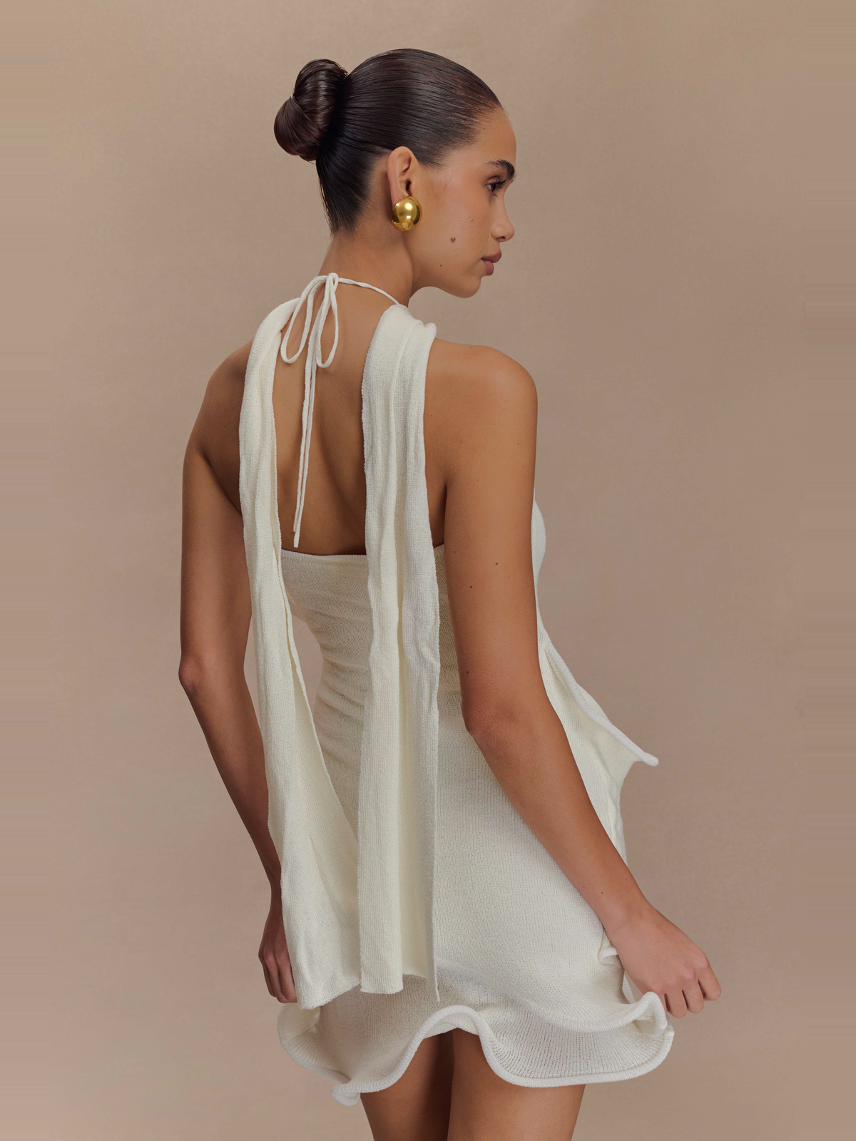 Beyaz Halter Yaka Triko Mini Elbise