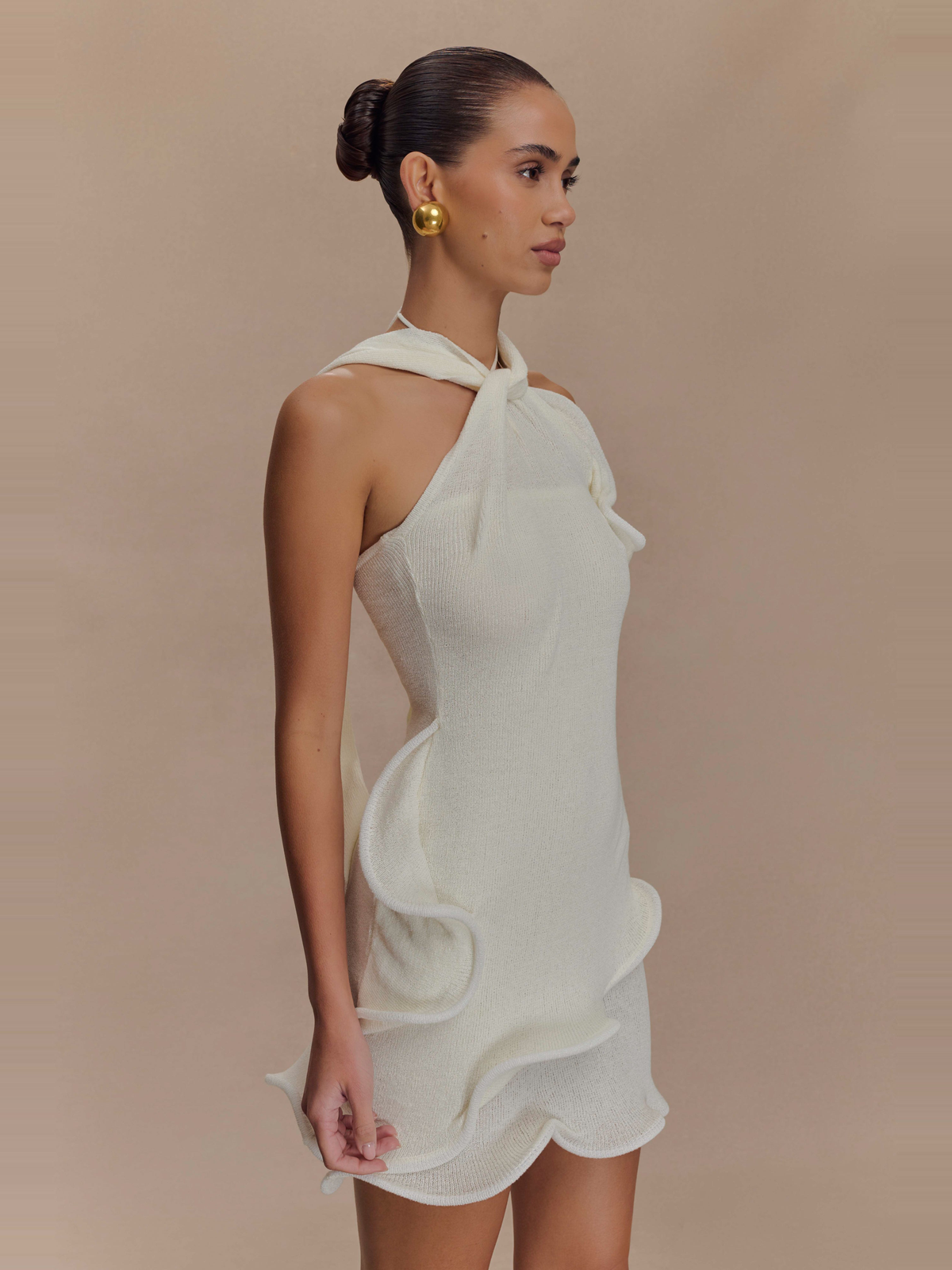 Beyaz Halter Yaka Triko Mini Elbise