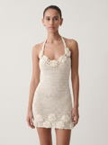 Halter Crochet 3D Gül Aplikeli Açık Sırt Vücuda Oturan Macrame Mini Elbise
