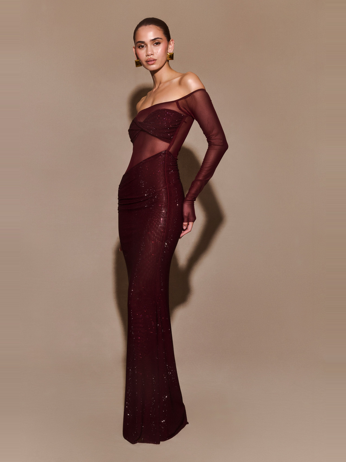 Bordo Taşlı Omuz Açık Maxi Elbise