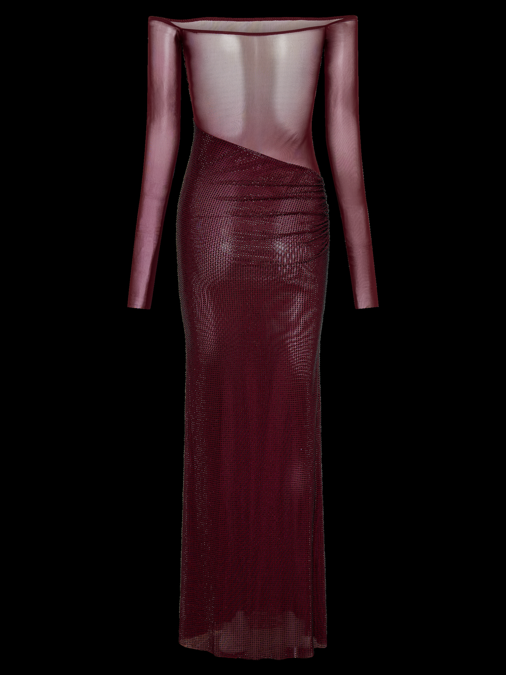 Bordo Taşlı Omuz Açık Maxi Elbise