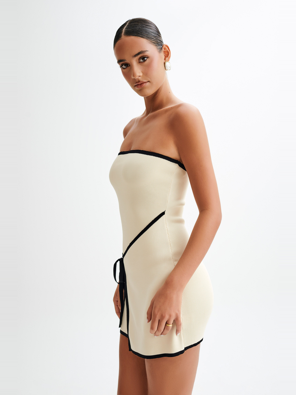 Krem Straplez Triko Mini Elbise
