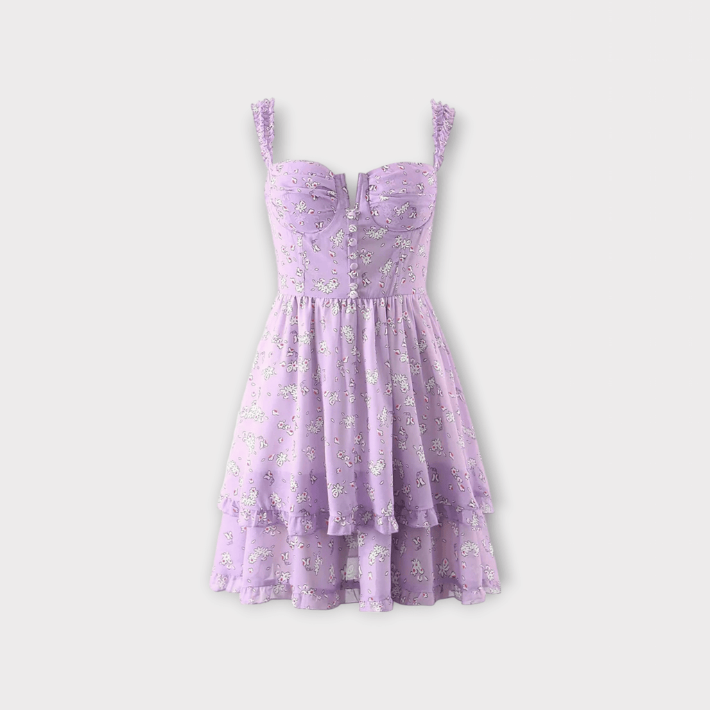 Lilac Fırfırlı Çiçekli Elbise