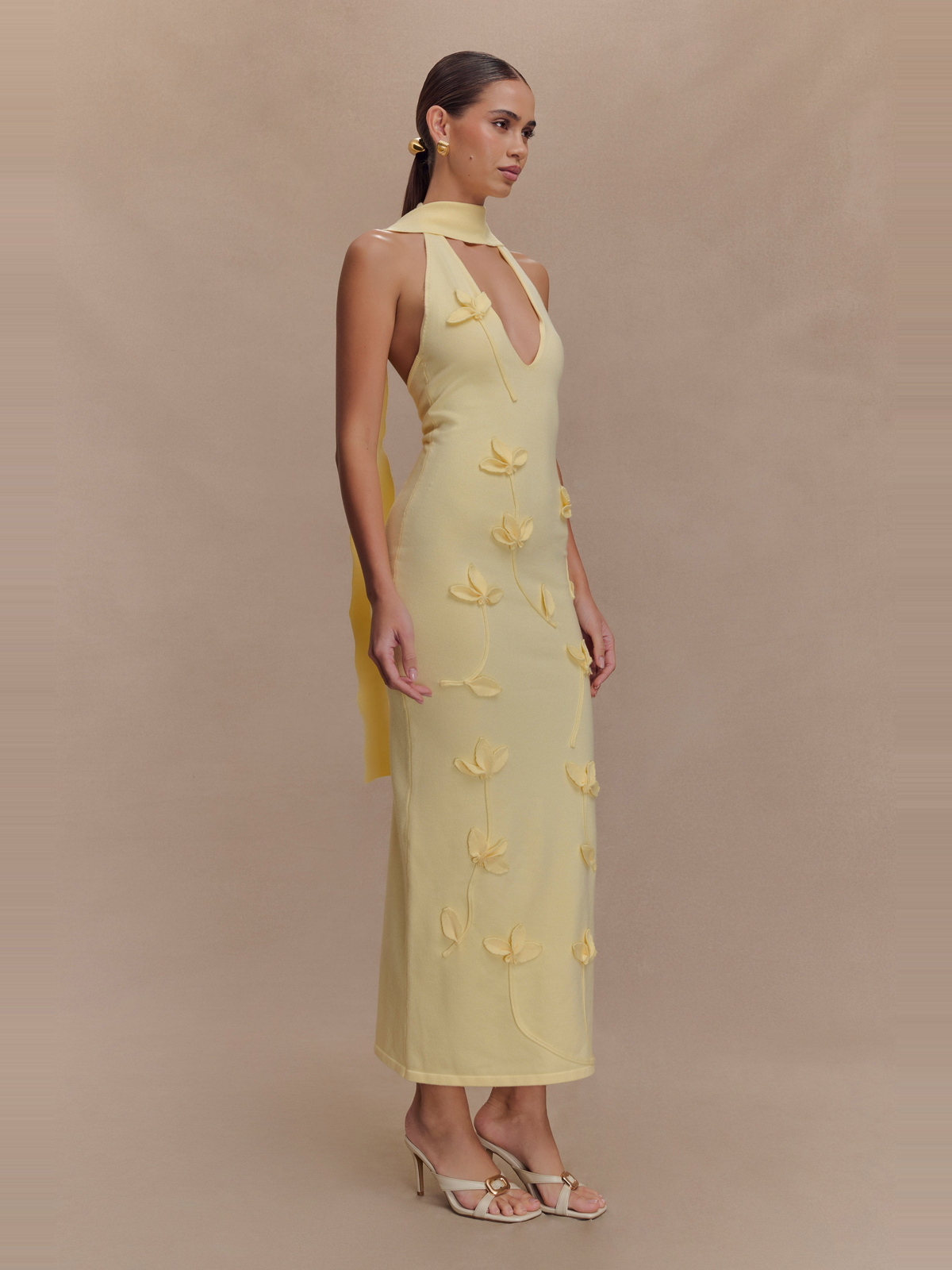 Wynn Limon Sarısı Çiçek Desenli Triko Midi Elbise